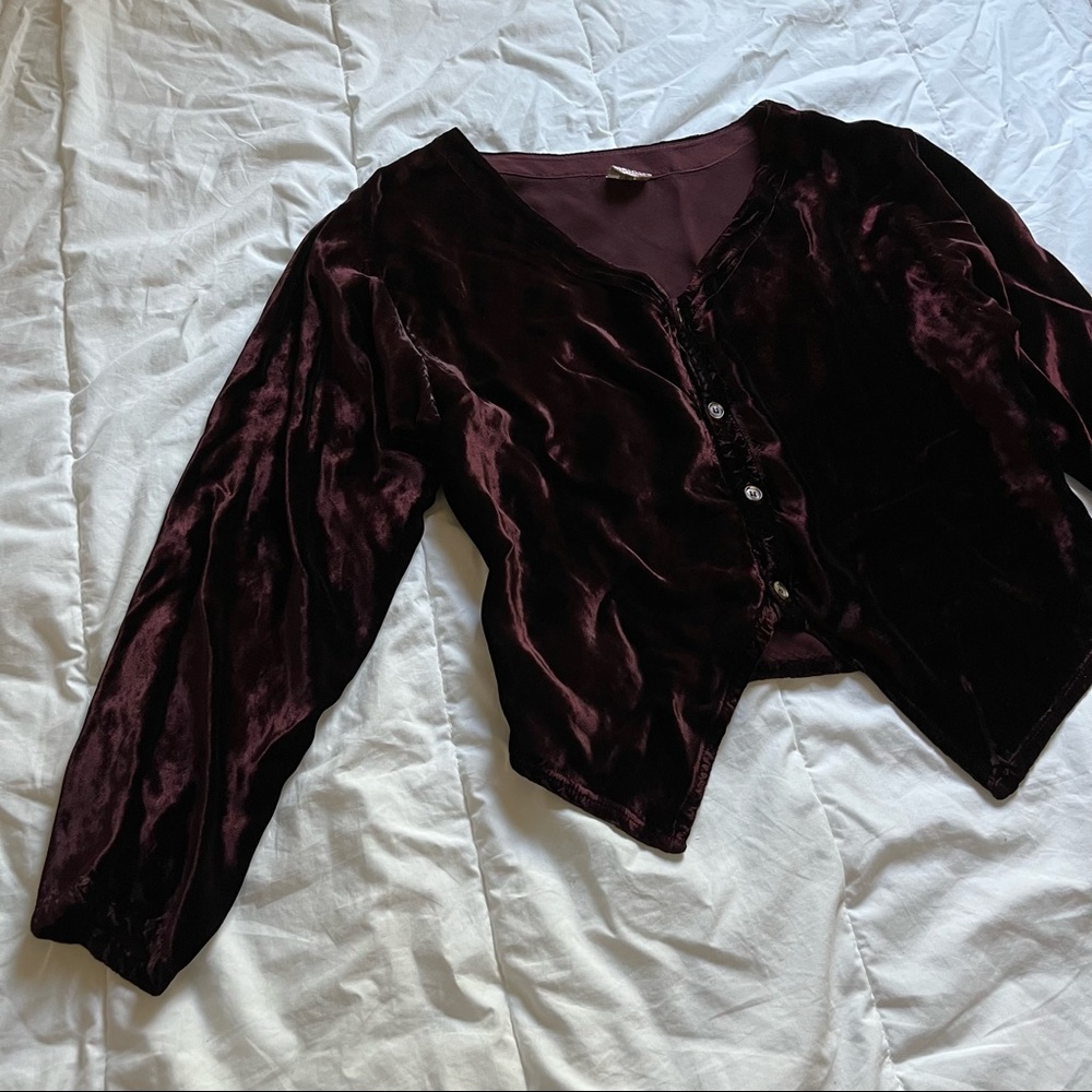 Cp Shades red maroon velvet knit cropped long sleeve top